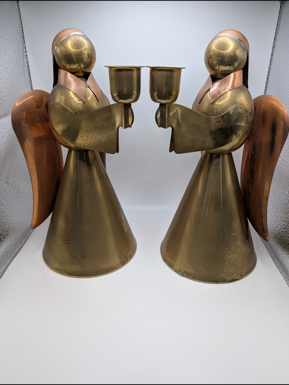 Set of 2 Vintage Copper Brass Angel Candle Holder 9” Made in Hong Kong MCM